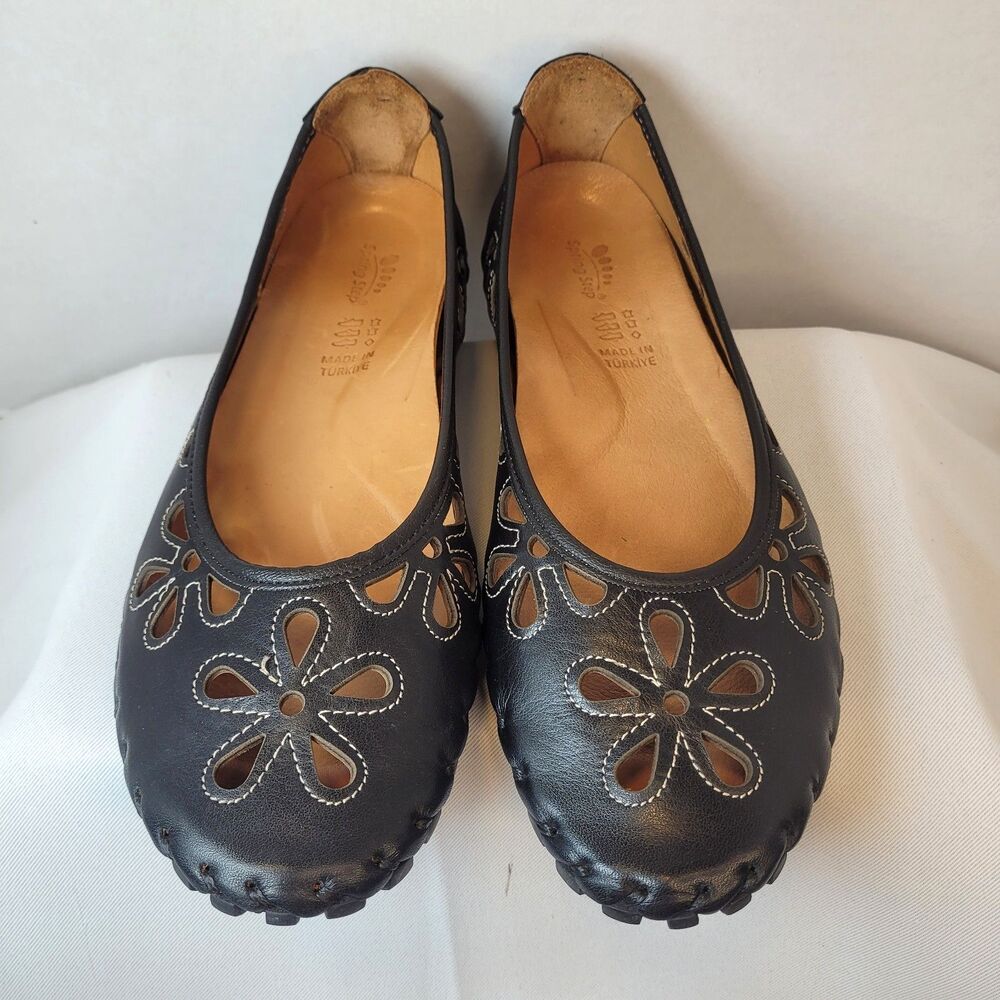 SPRING STEP Rayely Leather Flat Shoes Black Size 9/40 Slip On MINT